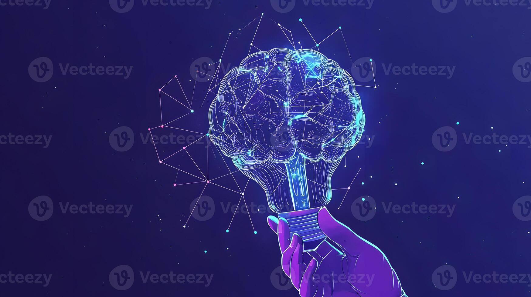 Neon Glowing Brain Lightbulb in Hand, Futuristic Technology, Innovation, Artificial Intelligence Concept on Dark Blue Background photo