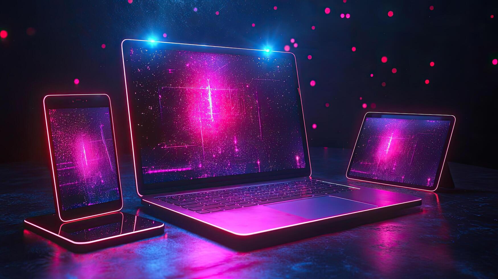 Neon Technology Trio Laptop, Tablet and Phone Displaying Glowing Digital Art on a Futuristic Surface photo