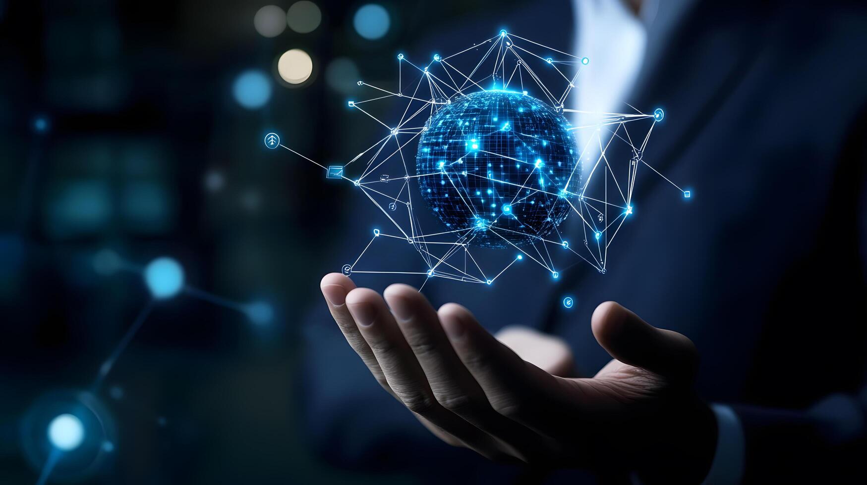 Networking Globe in Hand Digital Connections, Global Communication, Technology Concepts, and Modern Business Solutions photo
