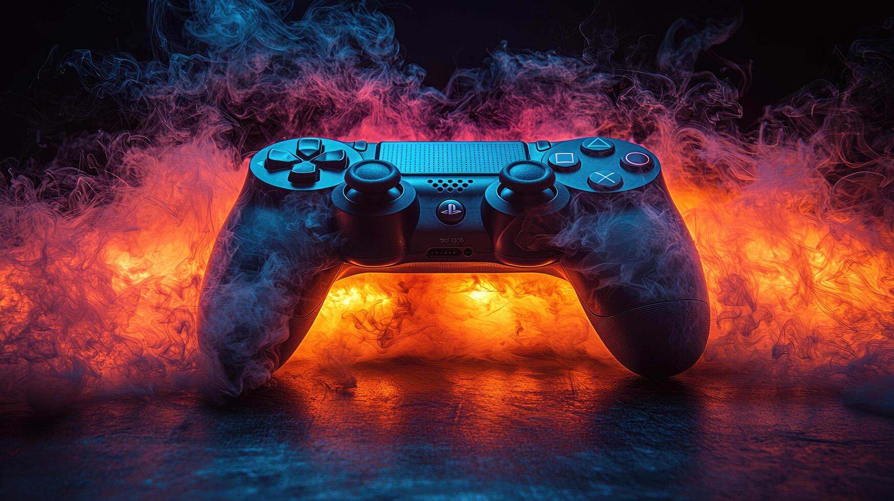 Next Gen Gaming Controller Surrounded by Dynamic Blue and Orange Smoke, Innovation and Technology Design photo