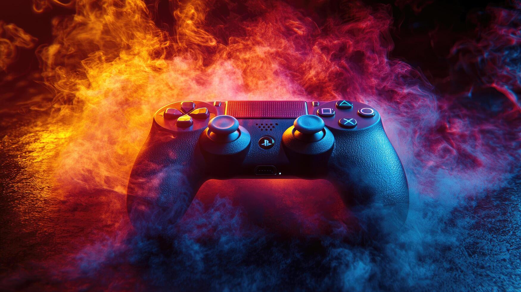 Next Gen Gaming Controller Surrounded by Fire and Smoke with Dynamic Lighting High Detail Render photo