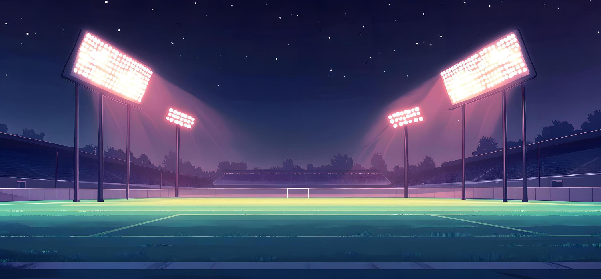 Night Soccer Field with Bright Stadium Lights and Starry Sky, Empty Green Pitch in Cartoon Style photo