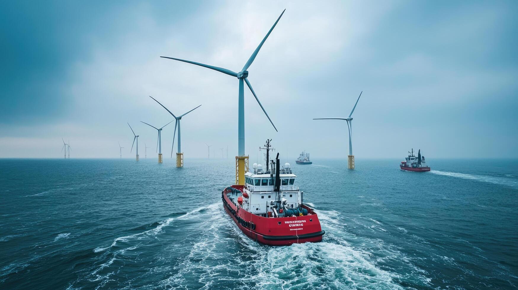 Offshore Wind Farm Construction Red Tugboat Navigating Through Turbines in Cloudy Weather at Sea photo