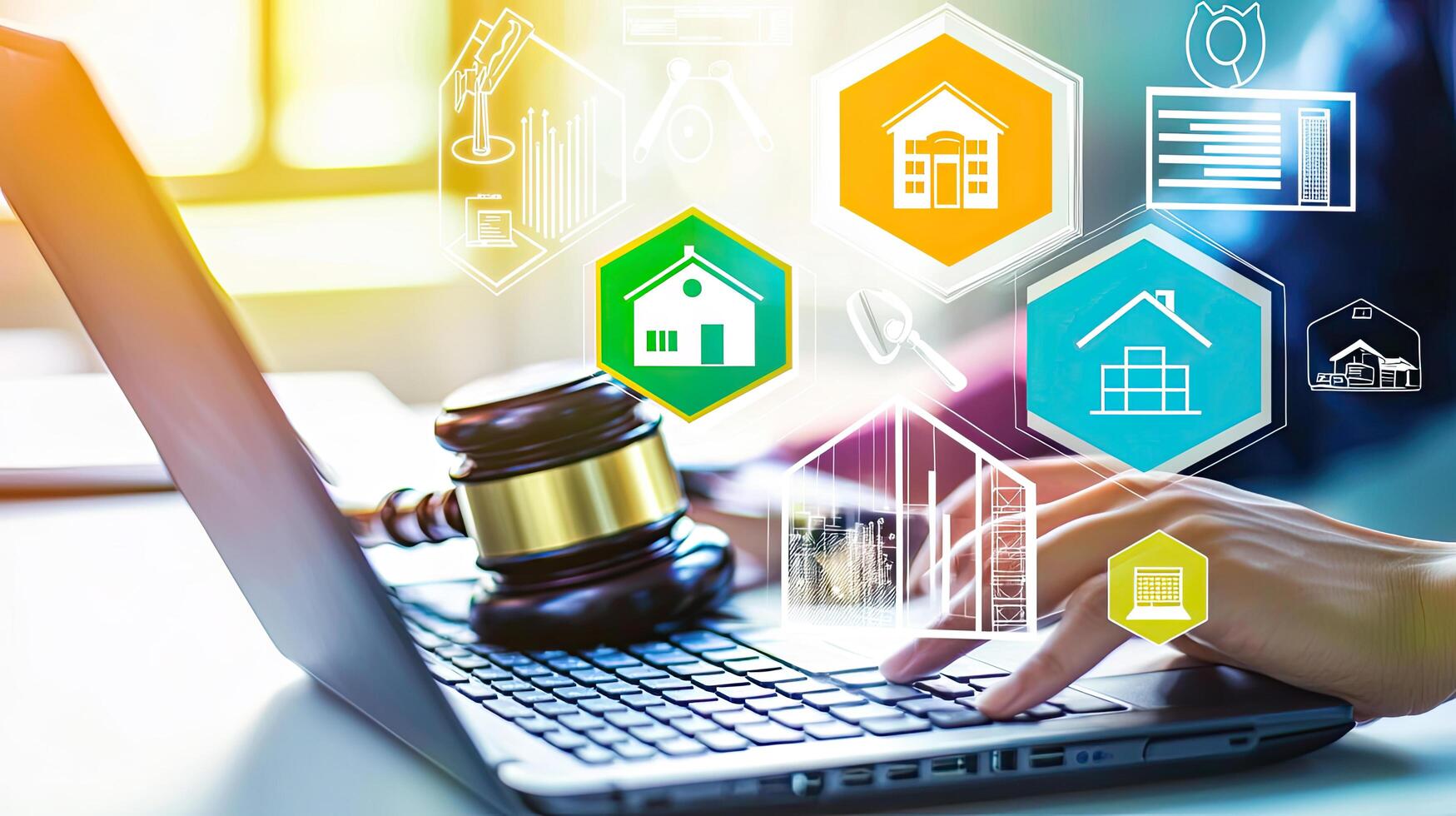 Online Property Law and Legal Technology Concept Gavel on Laptop with Real Estate Icons. photo