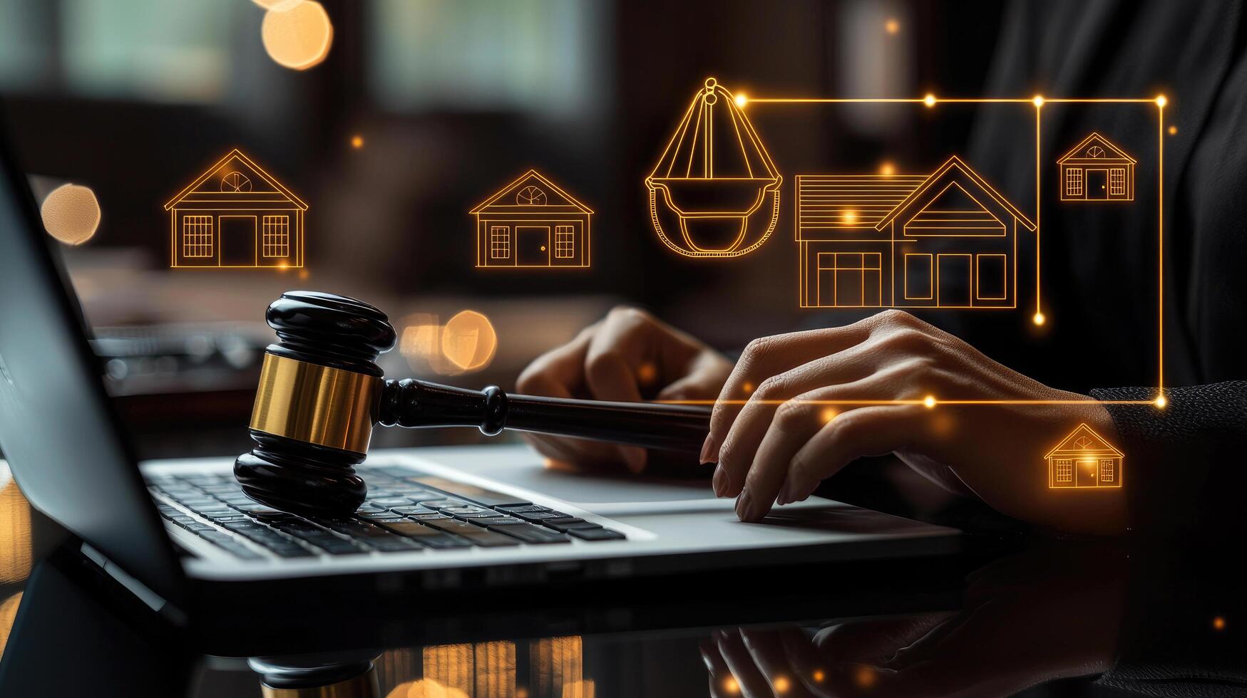 Online Real Estate Auction Concept Gavel on Laptop with House Icons for Property Law and Legal Bidding photo