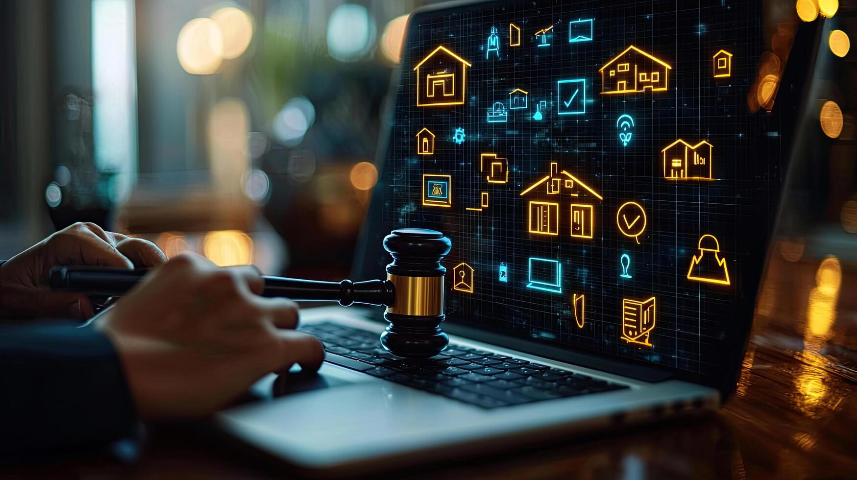 Online Real Estate Auction Gavel on Laptop Displaying Home Icons for Digital Property Law and Sales photo