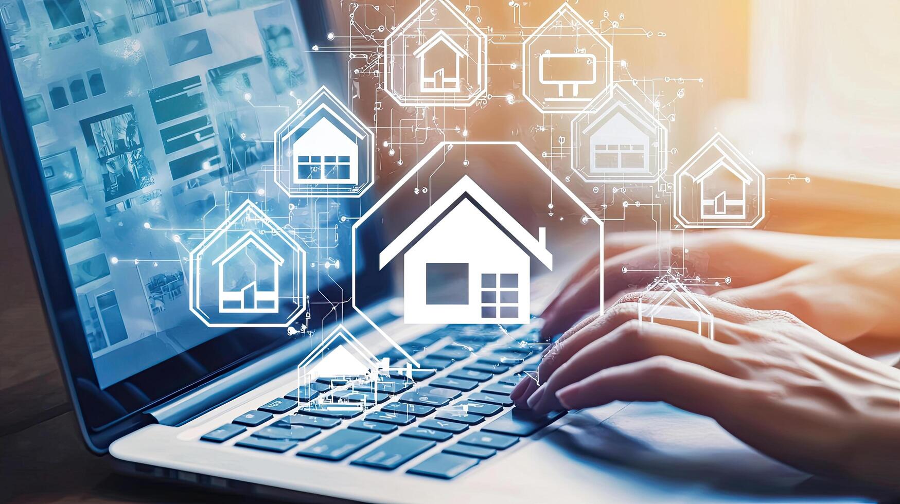 Online Real Estate Search Hands Typing on Laptop with House Icons, Digital Property Exploration photo