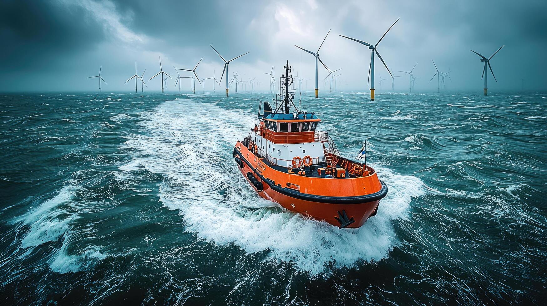 Orange Tugboat Navigating Choppy Waters Towards Offshore Wind Turbines Under a Cloudy and Dramatic Sky photo