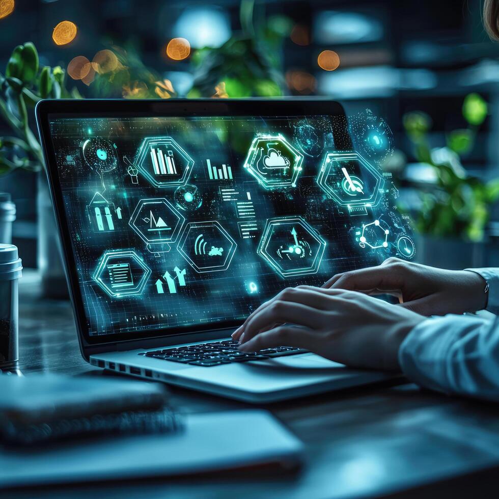 Person Typing on Laptop with Digital Data Visualization Overlay, Business Intelligence and Futuristic Technology Integration Concept photo