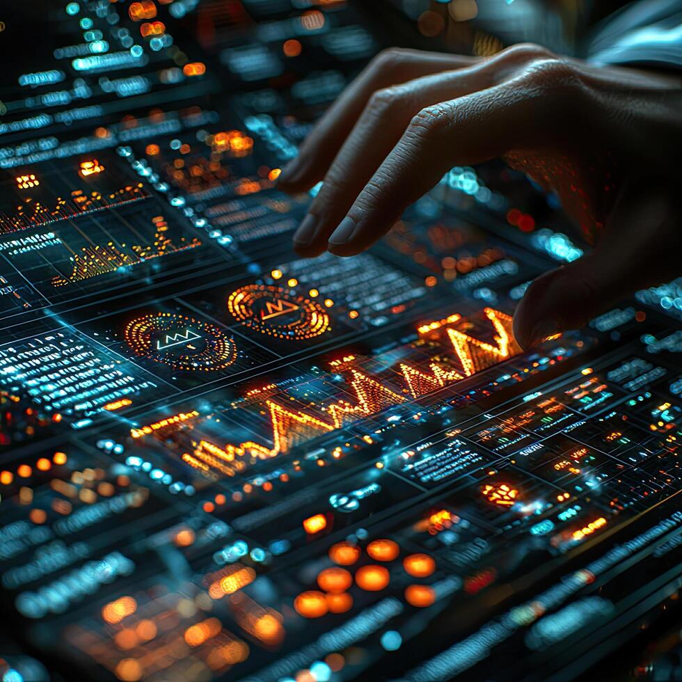 Person's Hand Interacting with Futuristic Interface Displaying Data Visualization, Charts and Graphs in Dark Environment. photo