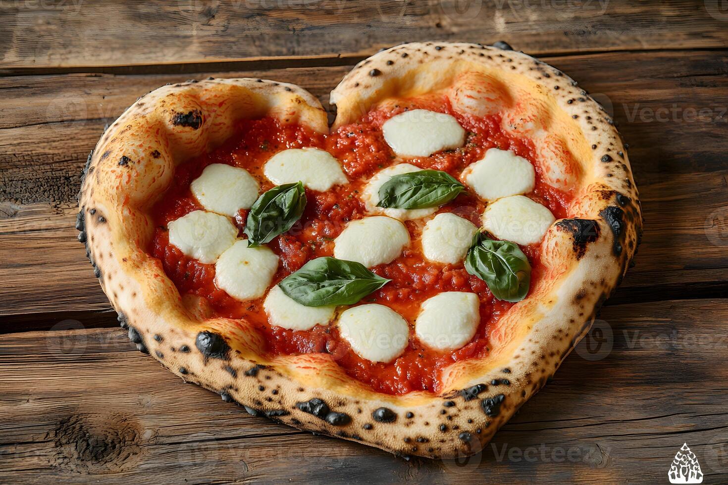 A delicious heart shaped pizza with mozzarella and basil lies on rustic wooden table photo