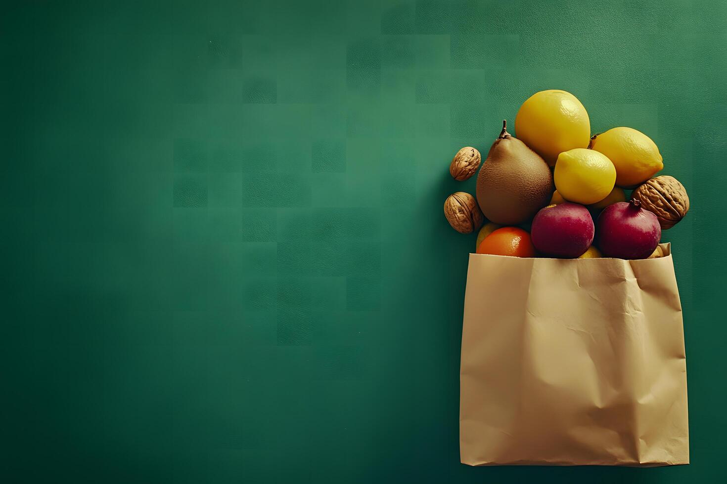 A paper bag filled with fresh fruit sits against a dark green backdrop photo