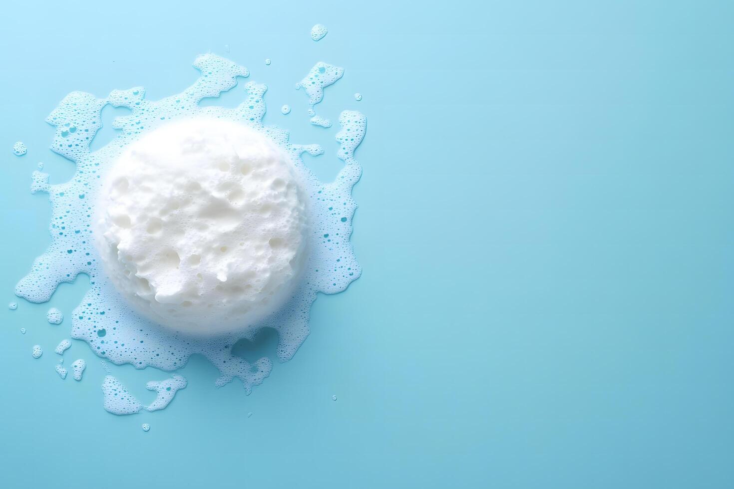 A white bath sponge sits surrounded by bubbles on a light blue background, clean and minimalist photo
