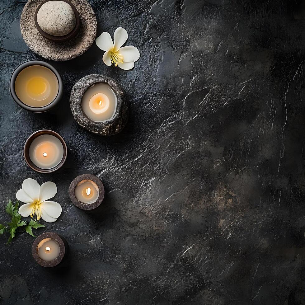 Candles and flowers sit serenely on a dark, textured stone surface, creating an ambiance of calm photo