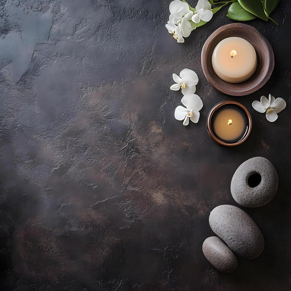 Candles stones and orchid flowers are arranged beautifully on a dark textured surface creating a relaxing ambiance photo