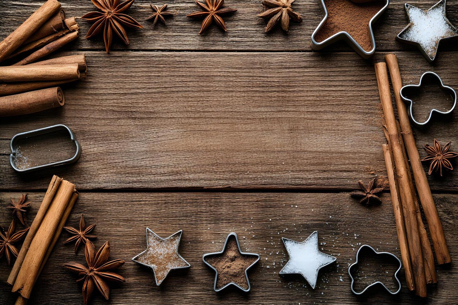 Cinnamon sticks, star anise, and cookie cutters frame a rustic wooden backdrop beautifully photo
