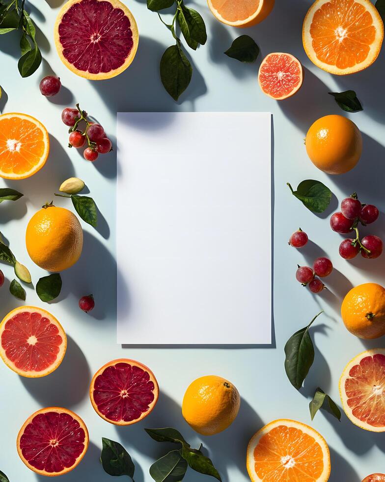Citrus fruits and red grapes frame the blank white paper on a blue table photo