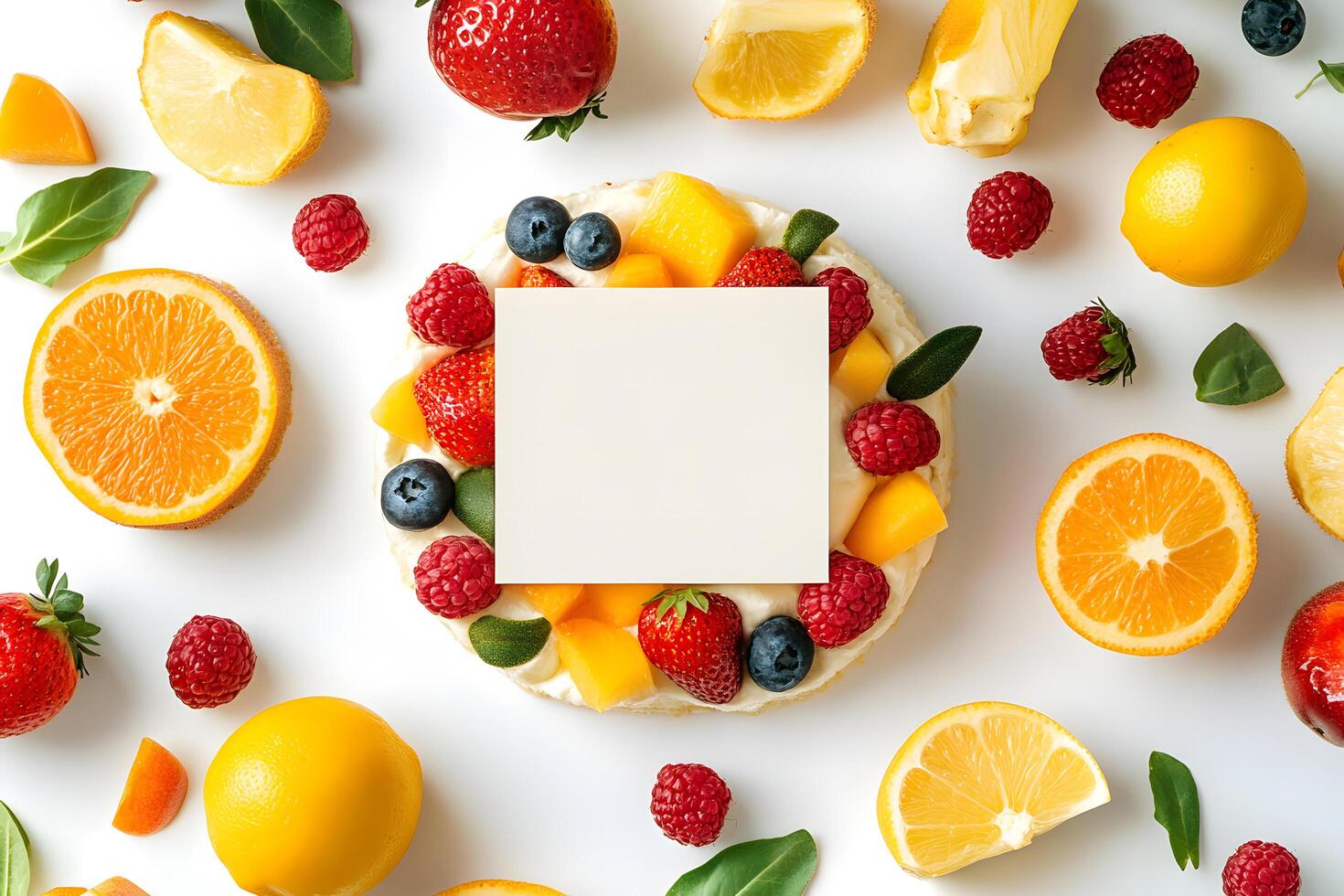 Colorful citrus fruits and berries surround a blank white card on a bright surface photo