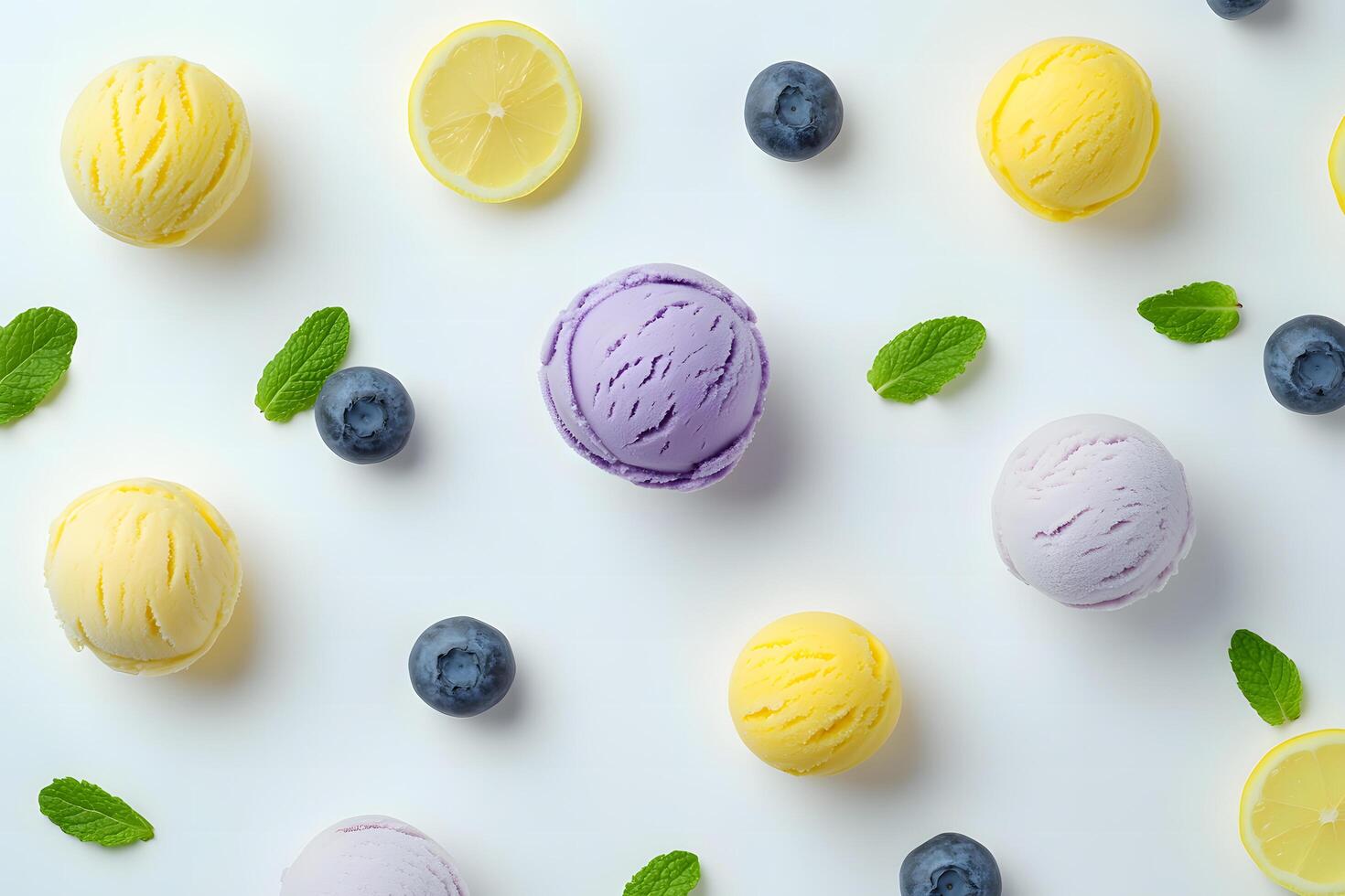 Colorful ice cream scoops arranged with fresh blueberries, lemon slices, and mint leaves on white photo