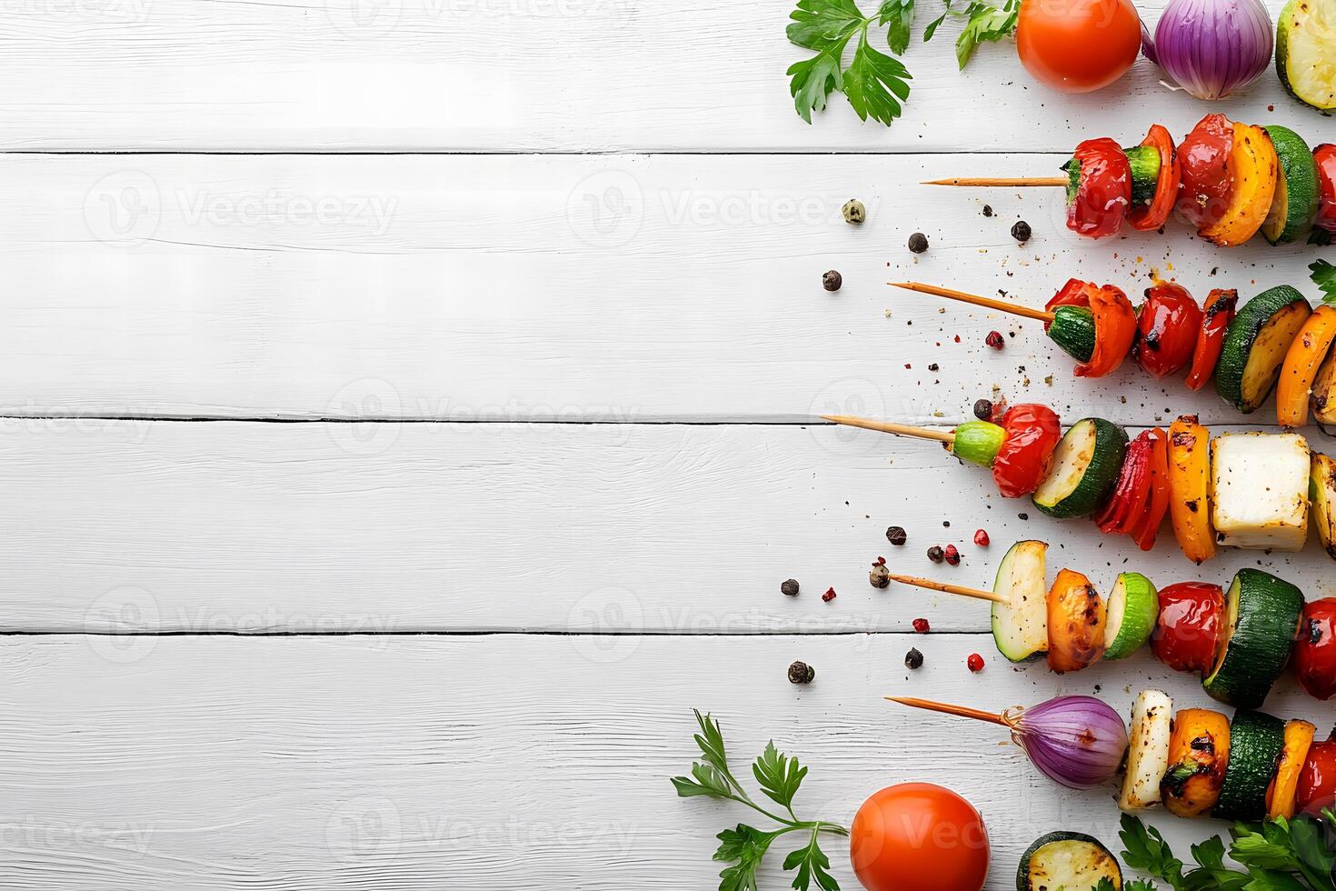Colorful vegetable skewers are arranged on a clean white wooden surface for a flat lay composition photo