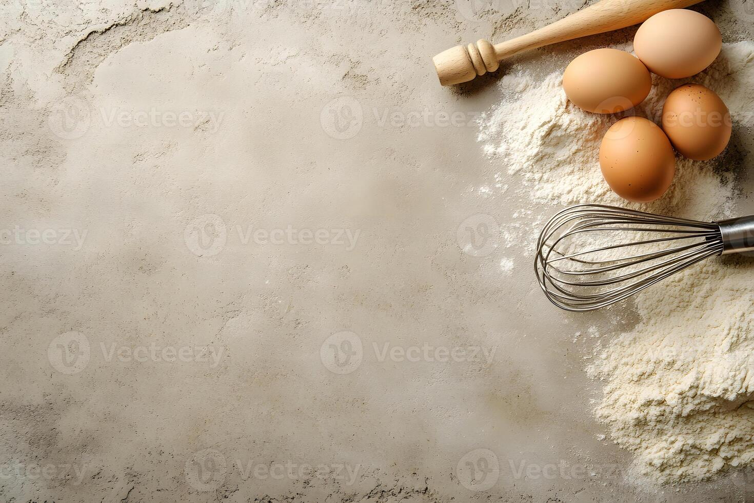 Cooking ingredients like eggs, flour, rolling pin, and whisk sit on a rustic background photo