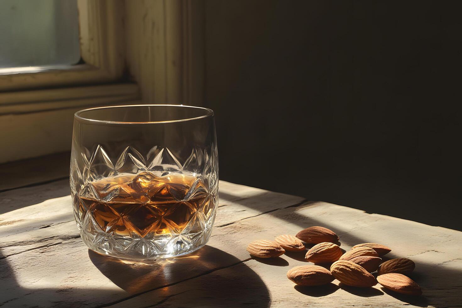 Crystal glass filled with whiskey sits beside scattered almonds on a sunlit wooden surface photo