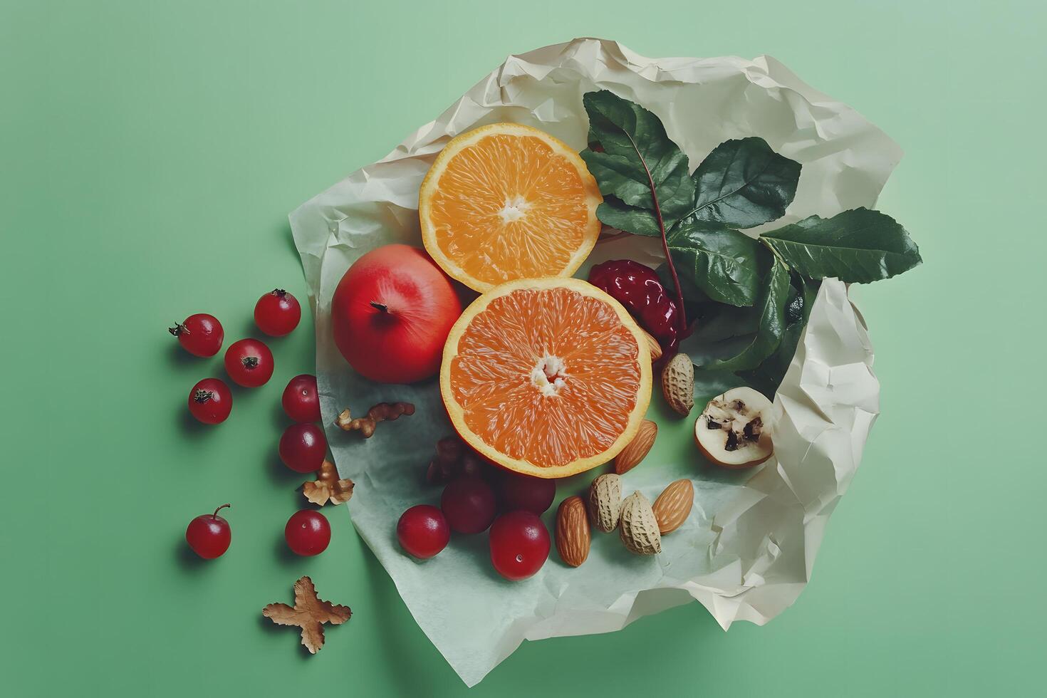 Cut oranges and plums sitting on white paper with assorted nuts show freshness photo