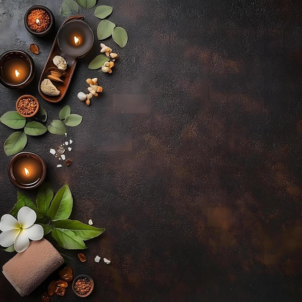 Dark backdrop showcases lit candles, white flower, green leaves, and neutral spa towel photo
