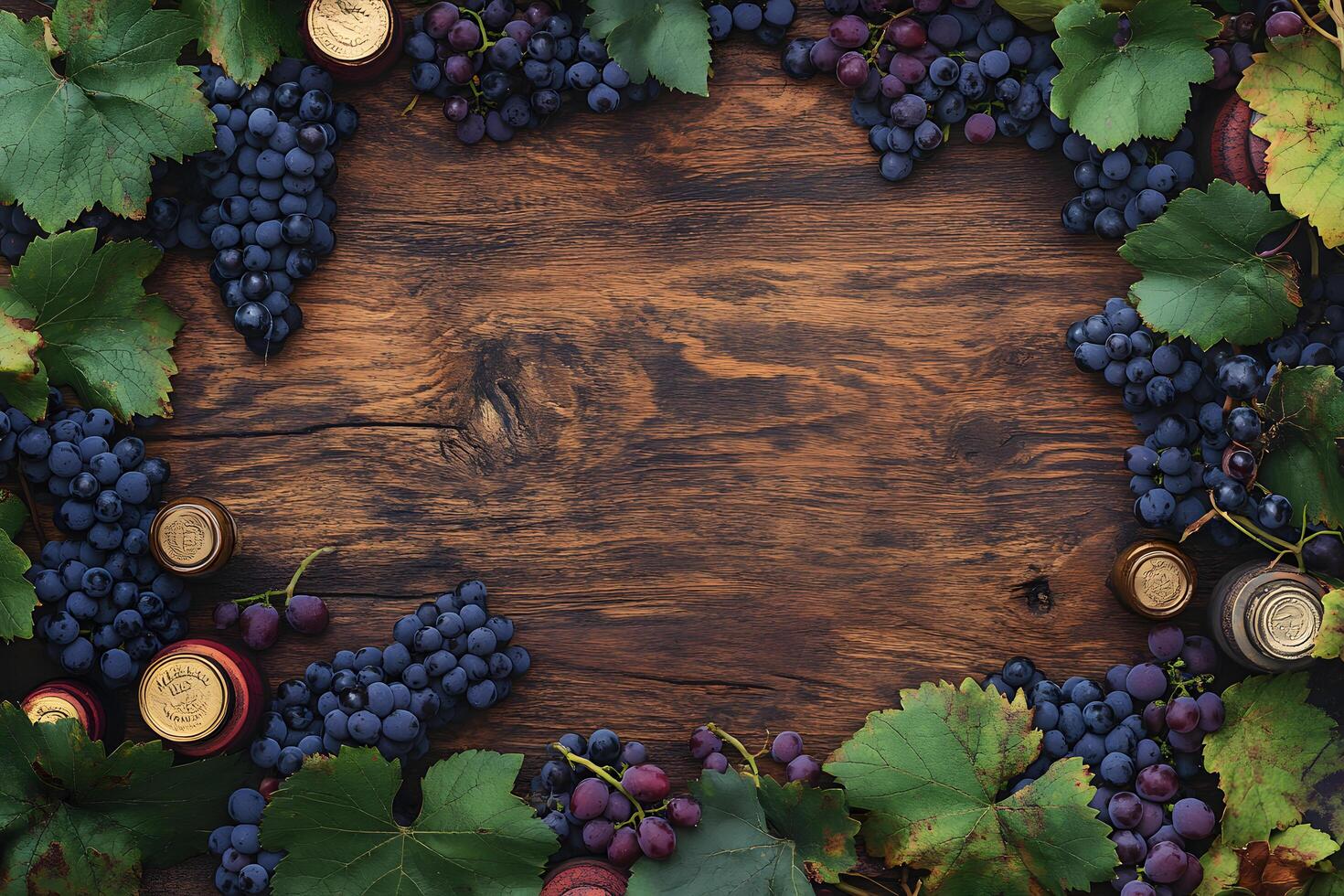 Dark ripe grapes and wine bottle caps are arranged on a rustic wooden surface photo