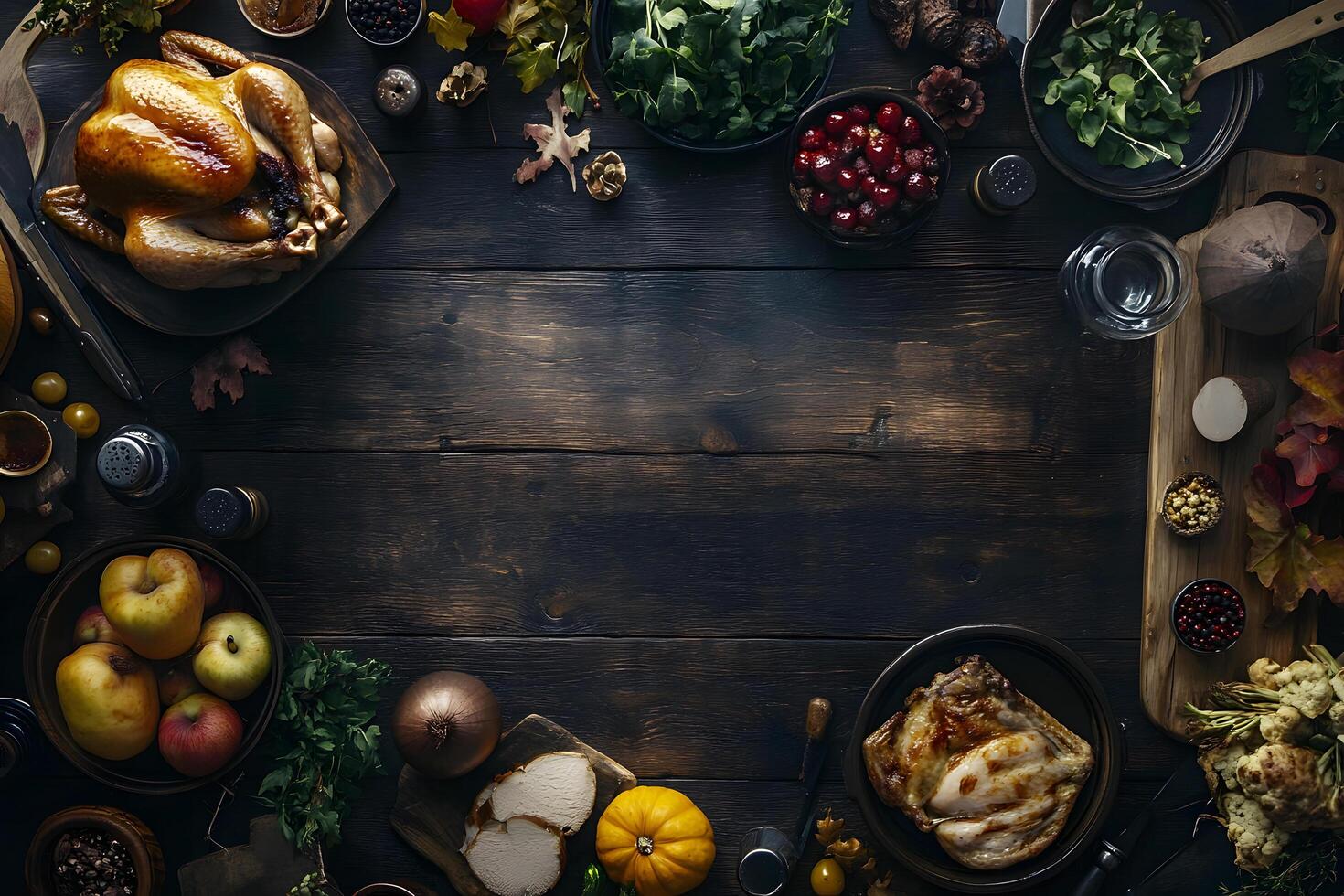 Dark wooden surface shows roasted chicken surrounded by apples, cranberries, pumpkin and fall foliage photo