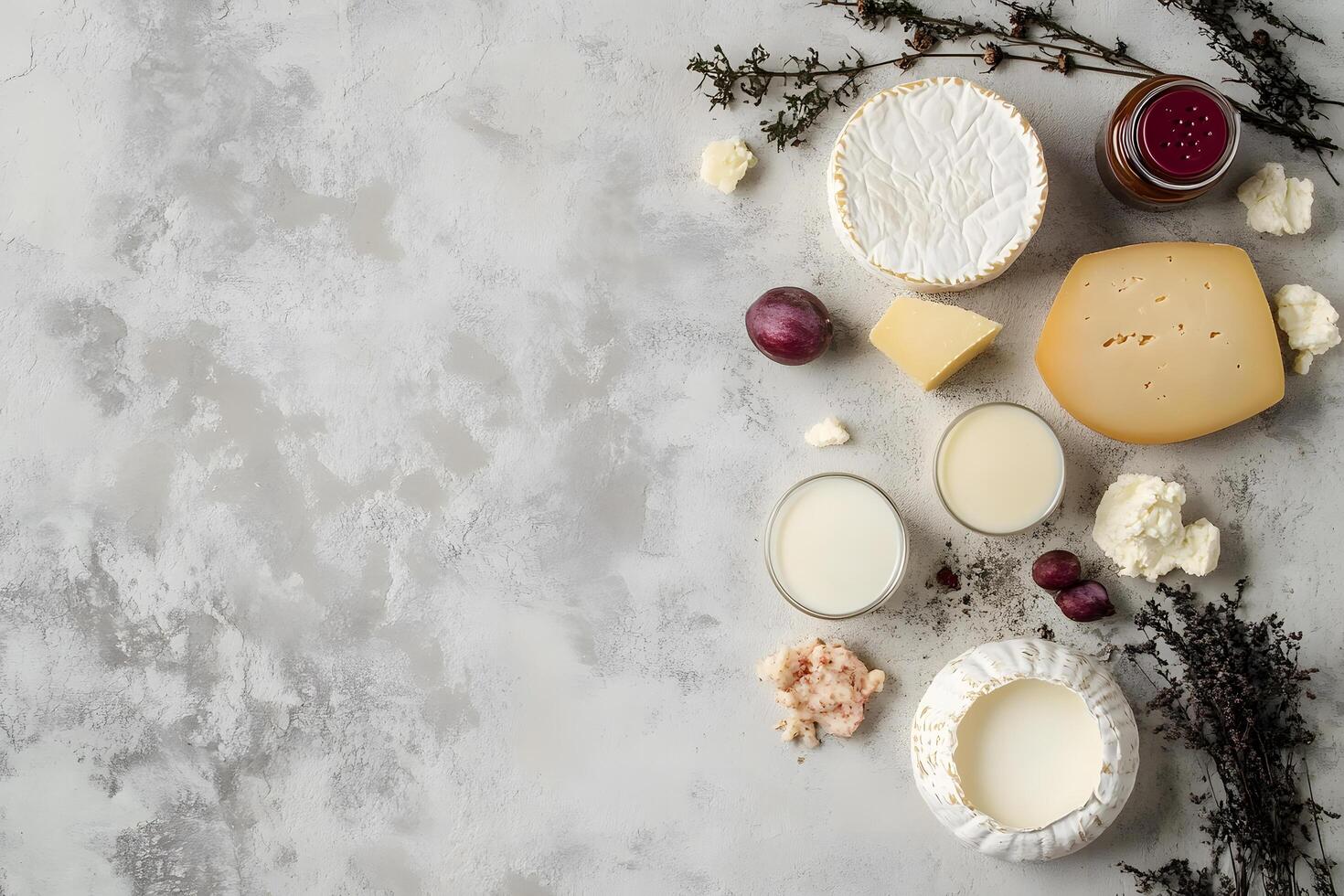 Delicious cheese and milk arrangement creates a fresh, inviting culinary composition on a gray surface photo