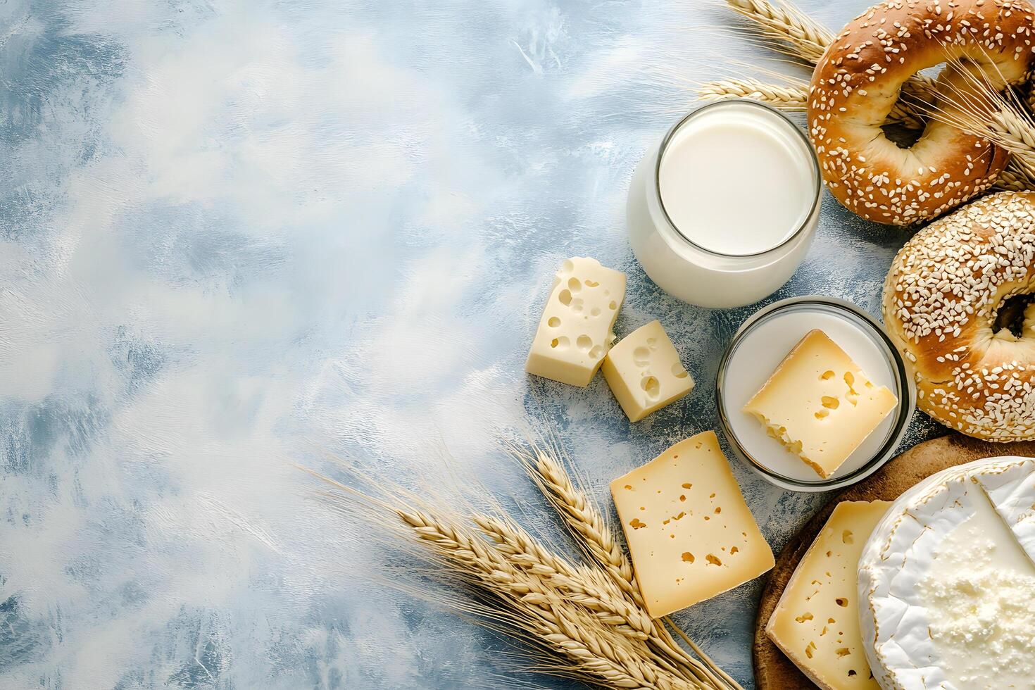 Delicious cheese assortment alongside seeded bagels and a refreshing glass of milk create a balanced arrangement photo