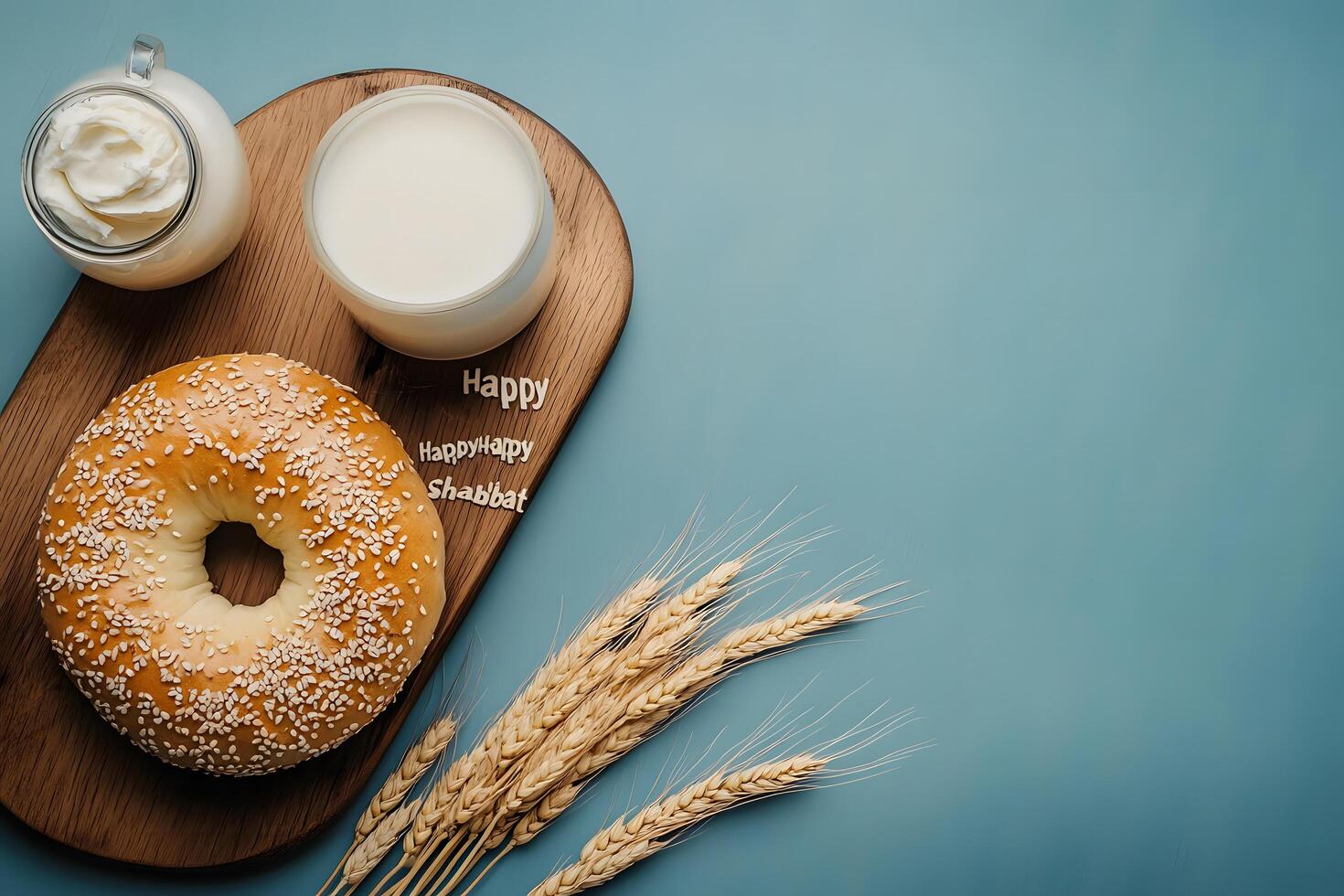 Delicious sesame bagel served with milk, cream cheese, and wheat stalks signifies Happy Shabbat photo