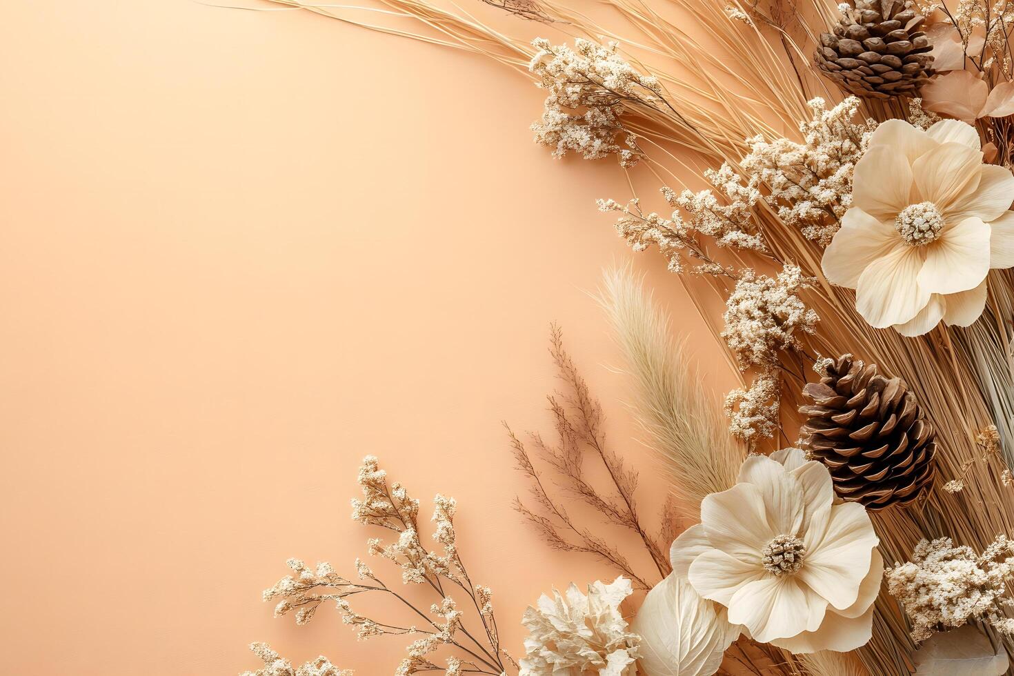 Dried beige grasses and flowers arranged beautifully on a peach background create an elegant scene photo