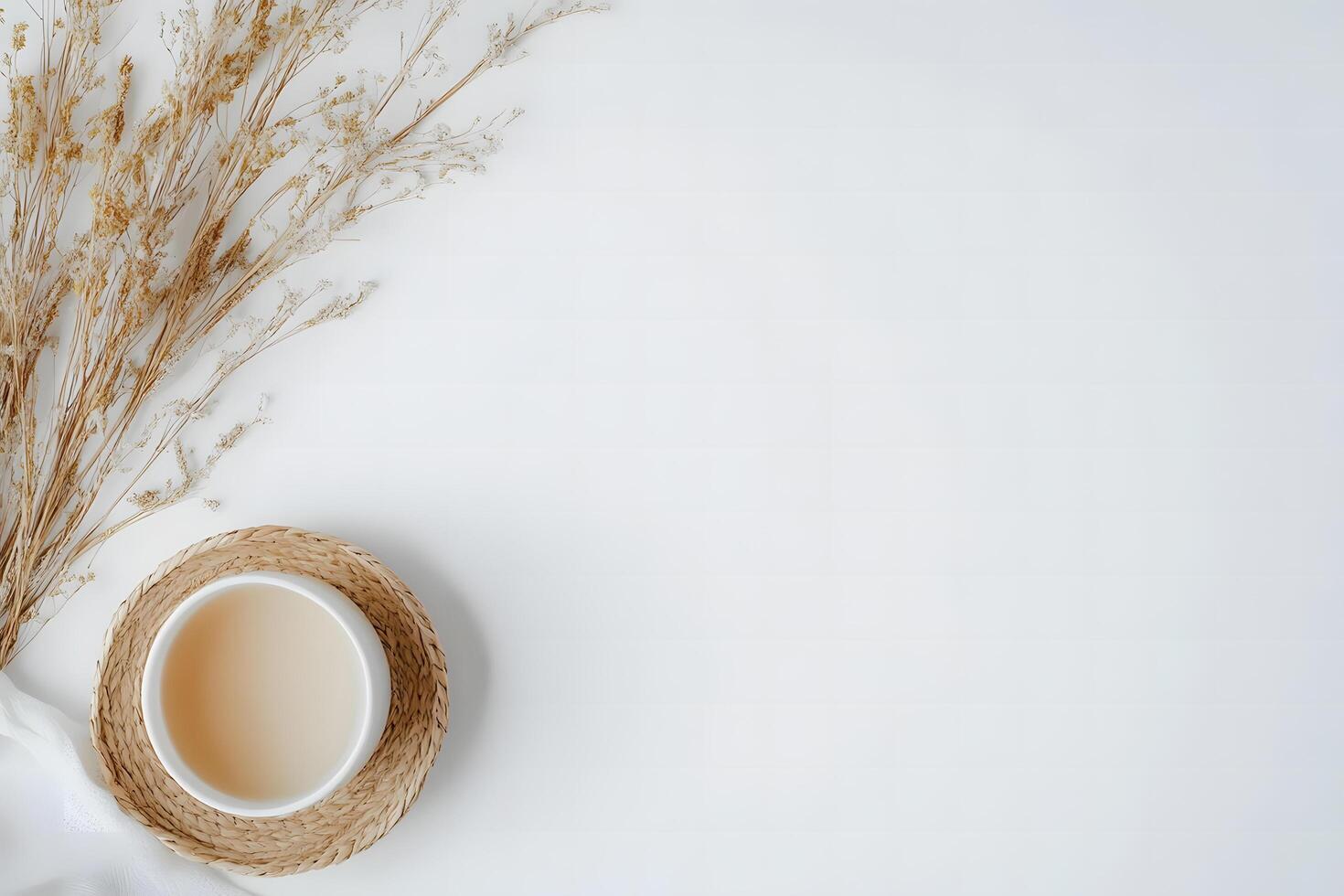 Dry grass alongside white bowl and straw mat create a serene minimal still life photo