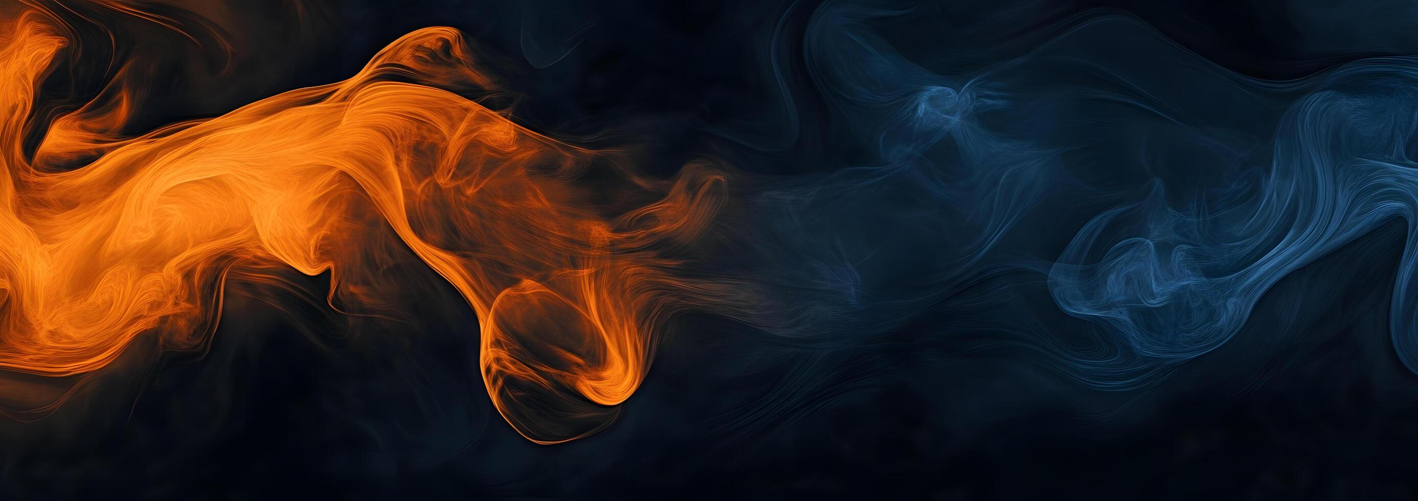Dynamic abstract smoke patterns showcase vibrant orange blending into contrasting blue hues across the dark backdrop photo