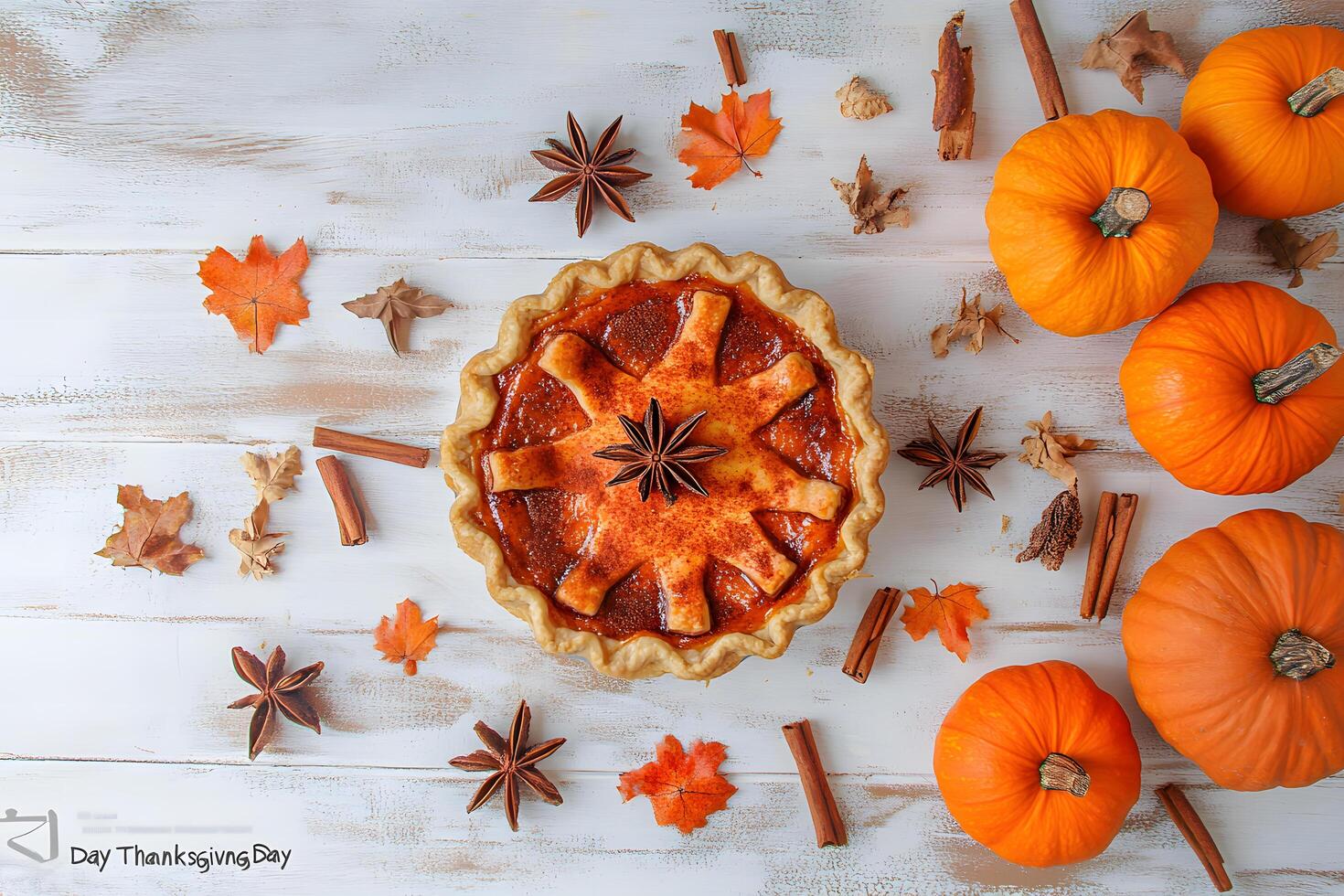 Eye level shot shows a delicious pumpkin pie decorated with pumpkins and spices photo