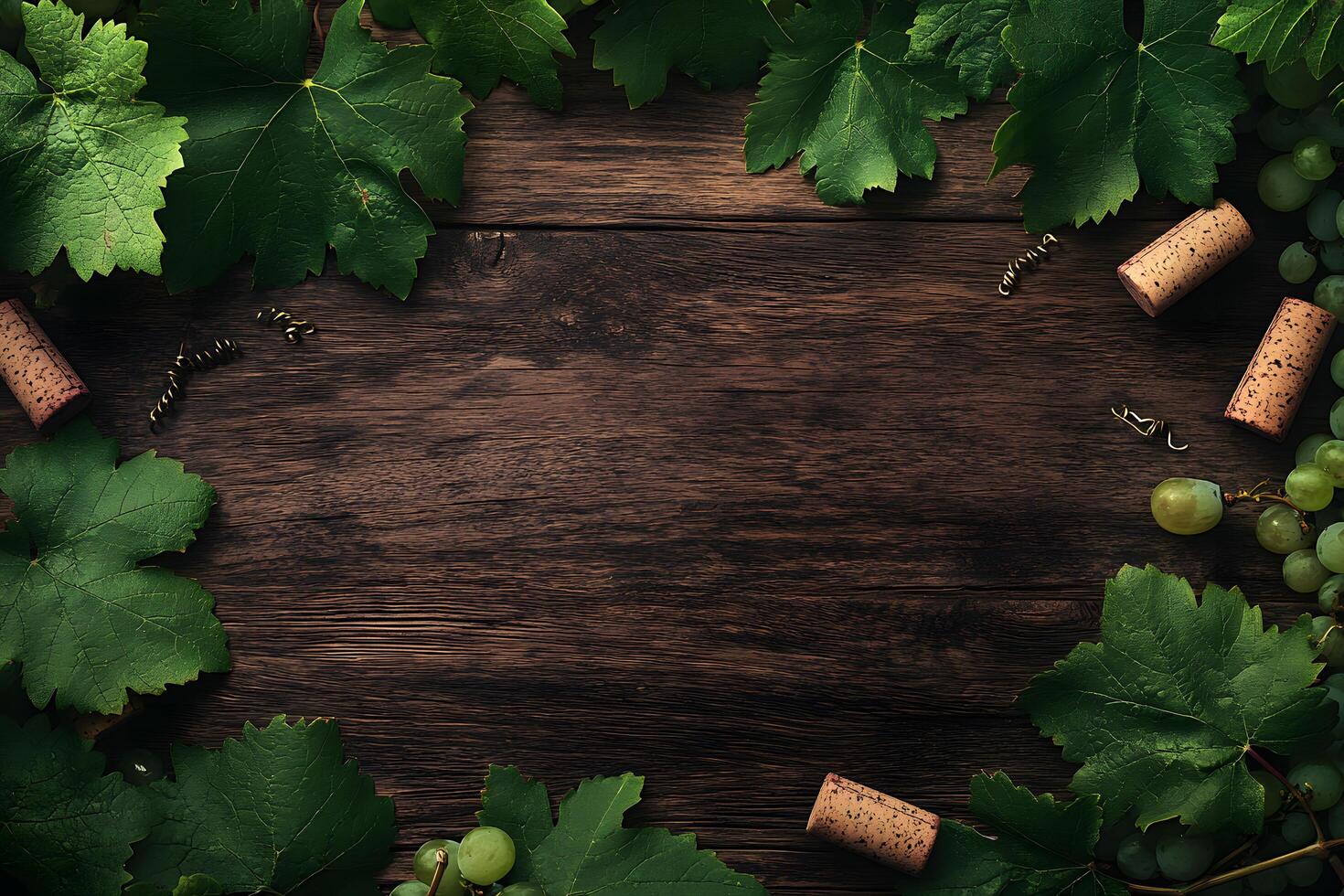 Fresh green grape leaves frame the rustic dark wooden surface beside wine corks photo