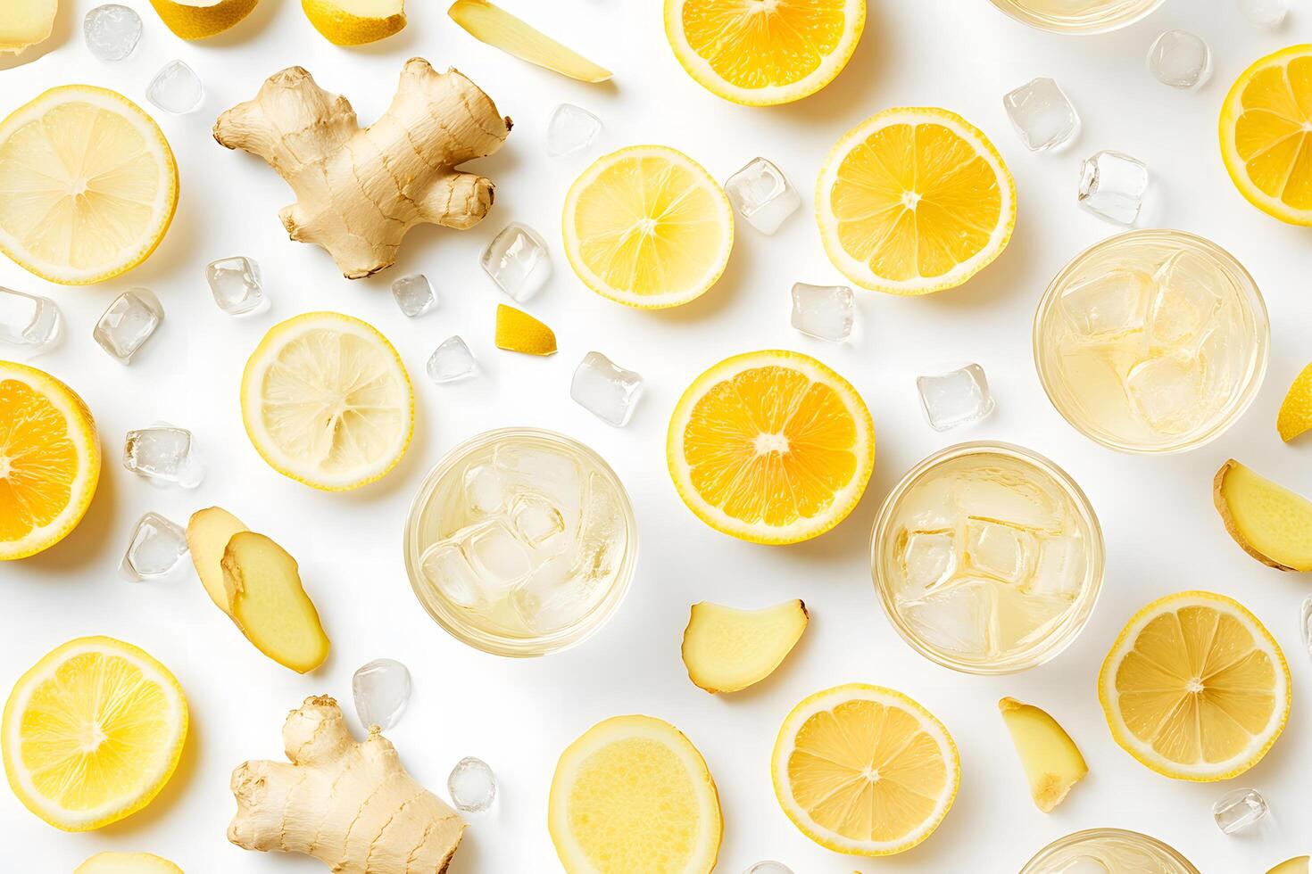 Fresh lemon slices and whole ginger root are neatly arranged with icy beverages photo