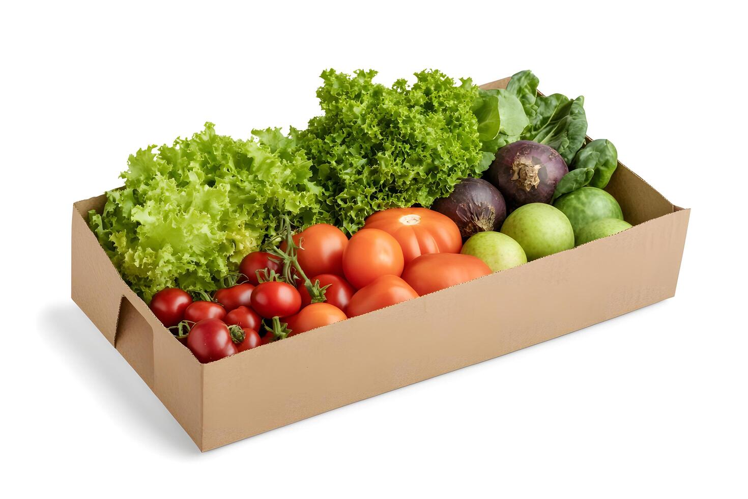 Fresh organic vegetables and fruits are beautifully arranged in a rustic cardboard box photo