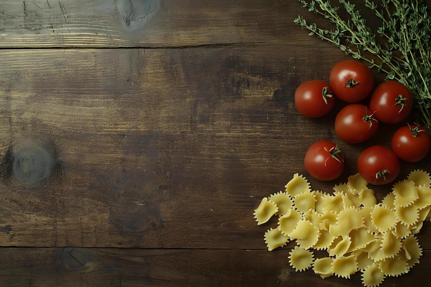 Fresh pasta alongside tomatoes and thyme are placed on rustic dark wood table photo