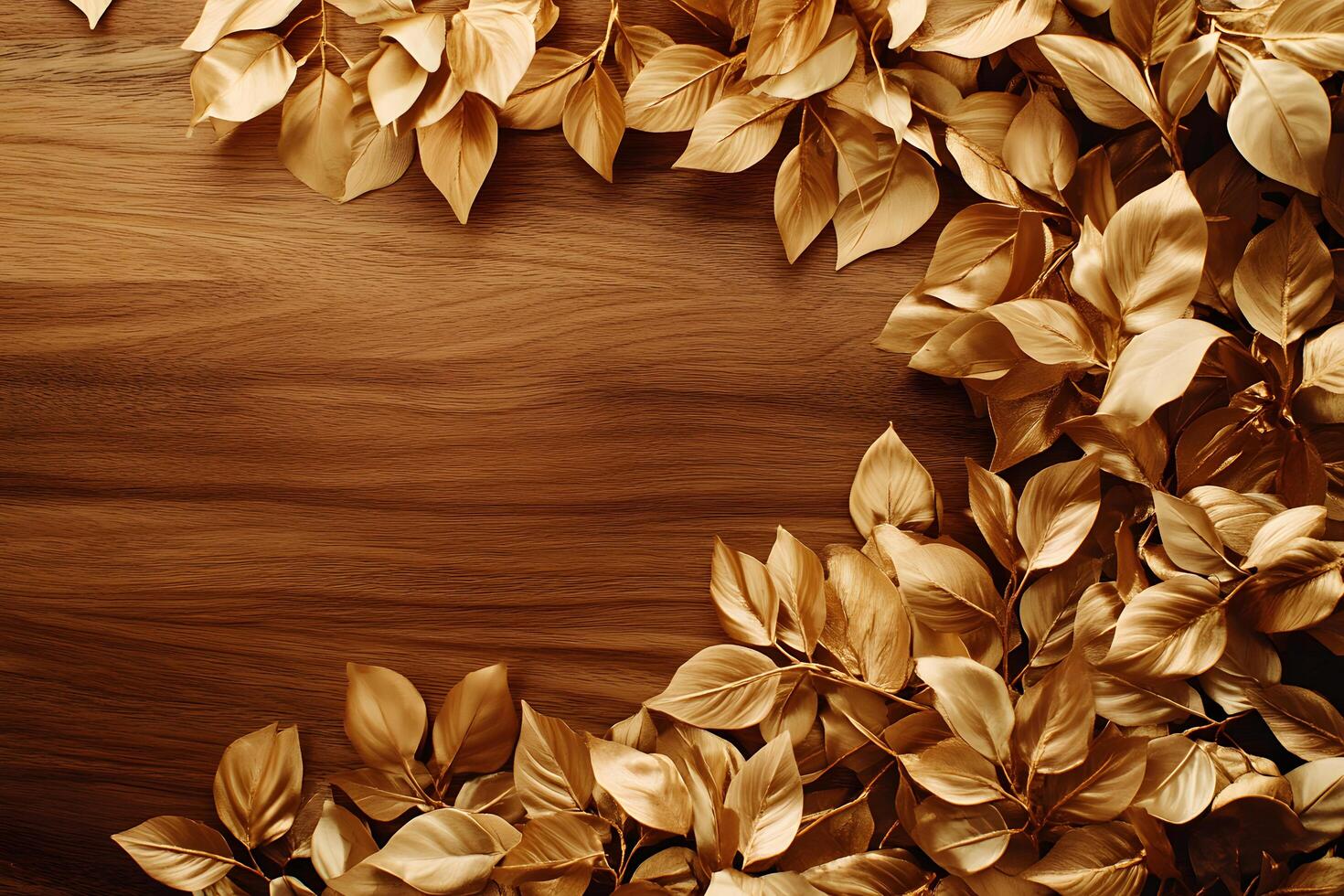 Golden leaves elegantly frame the rich wooden background, creating a luxurious and natureinspired aesthetic photo