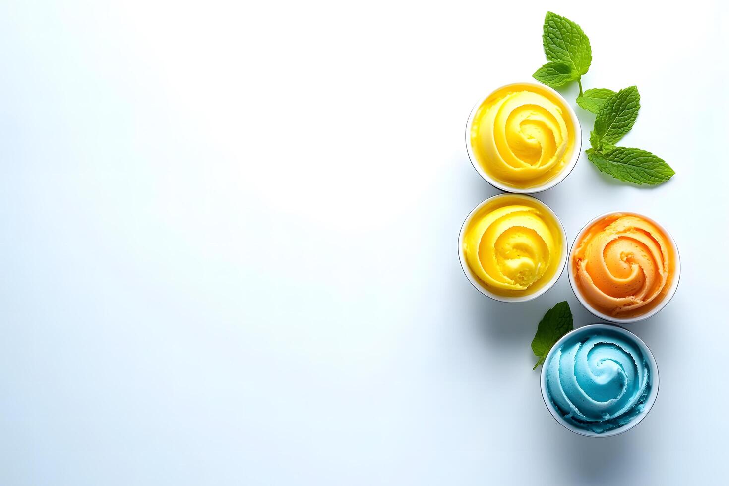 Swirls of colorful sorbet in bowls present a refreshing array of summer flavors on white photo