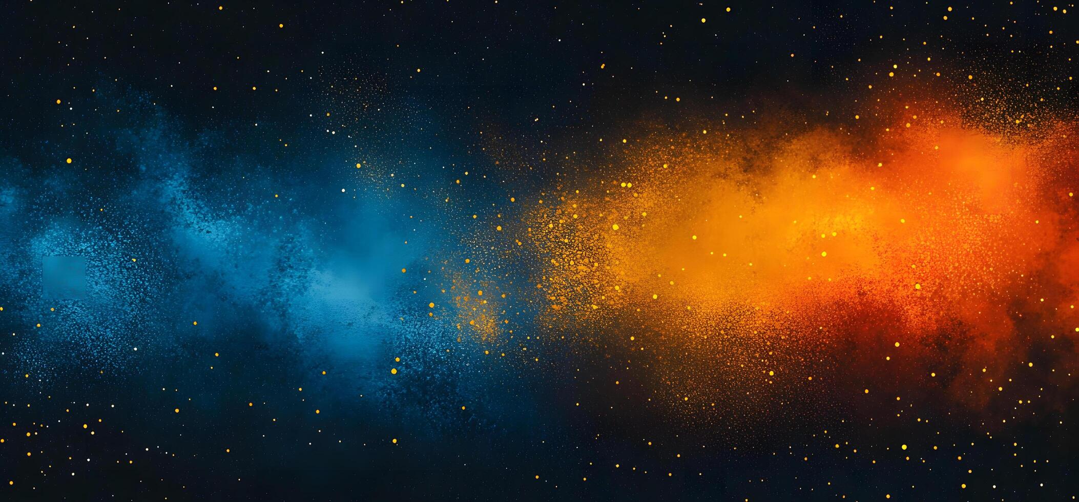 Swirls of vibrant blue and orange paint illuminate a dark cosmic space, filled with scattered dots photo