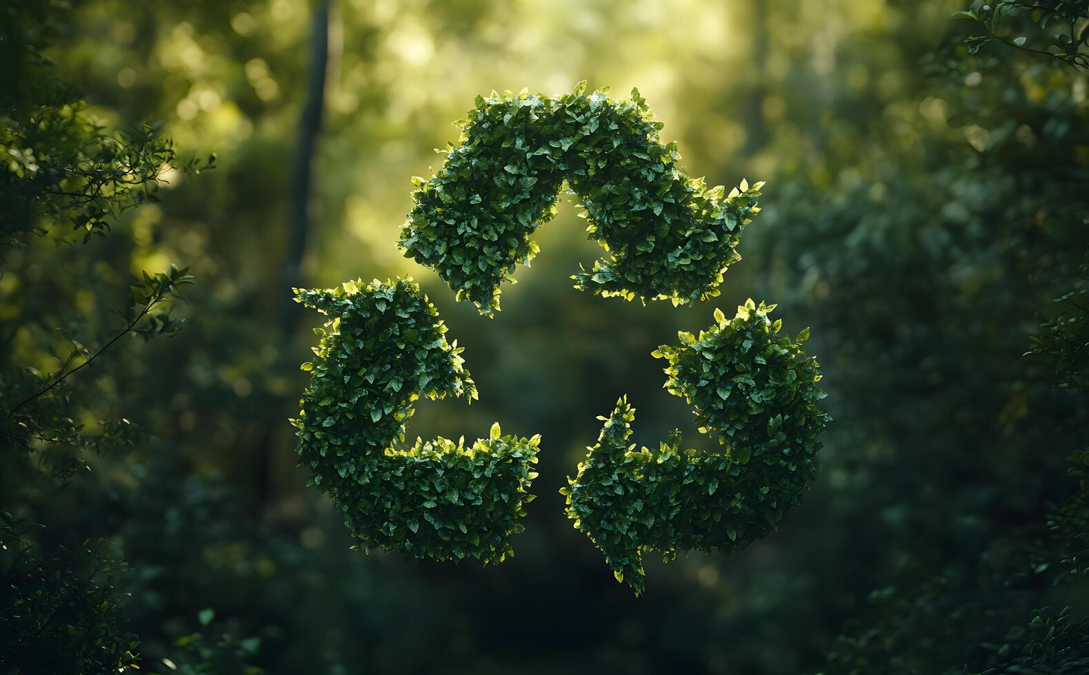 A recycle symbol crafted of vibrant green foliage floats amid a softly blurred forest scene photo