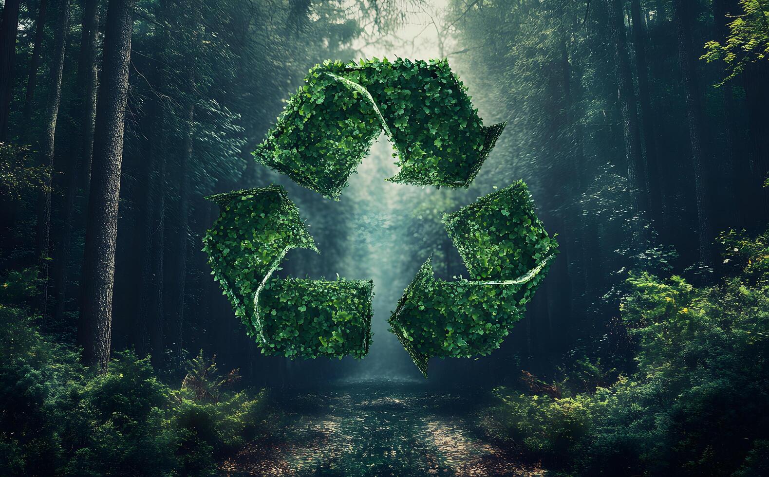 Leafy green recycle symbol appears against the shadowy forest backdrop, suggesting environmental consciousness and ecofriendly concepts photo