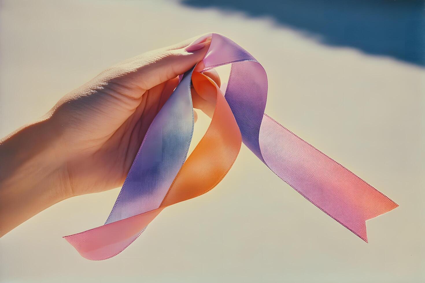Pale hand carefully holds blue, orange, and pink textured ribbons in soft light photo