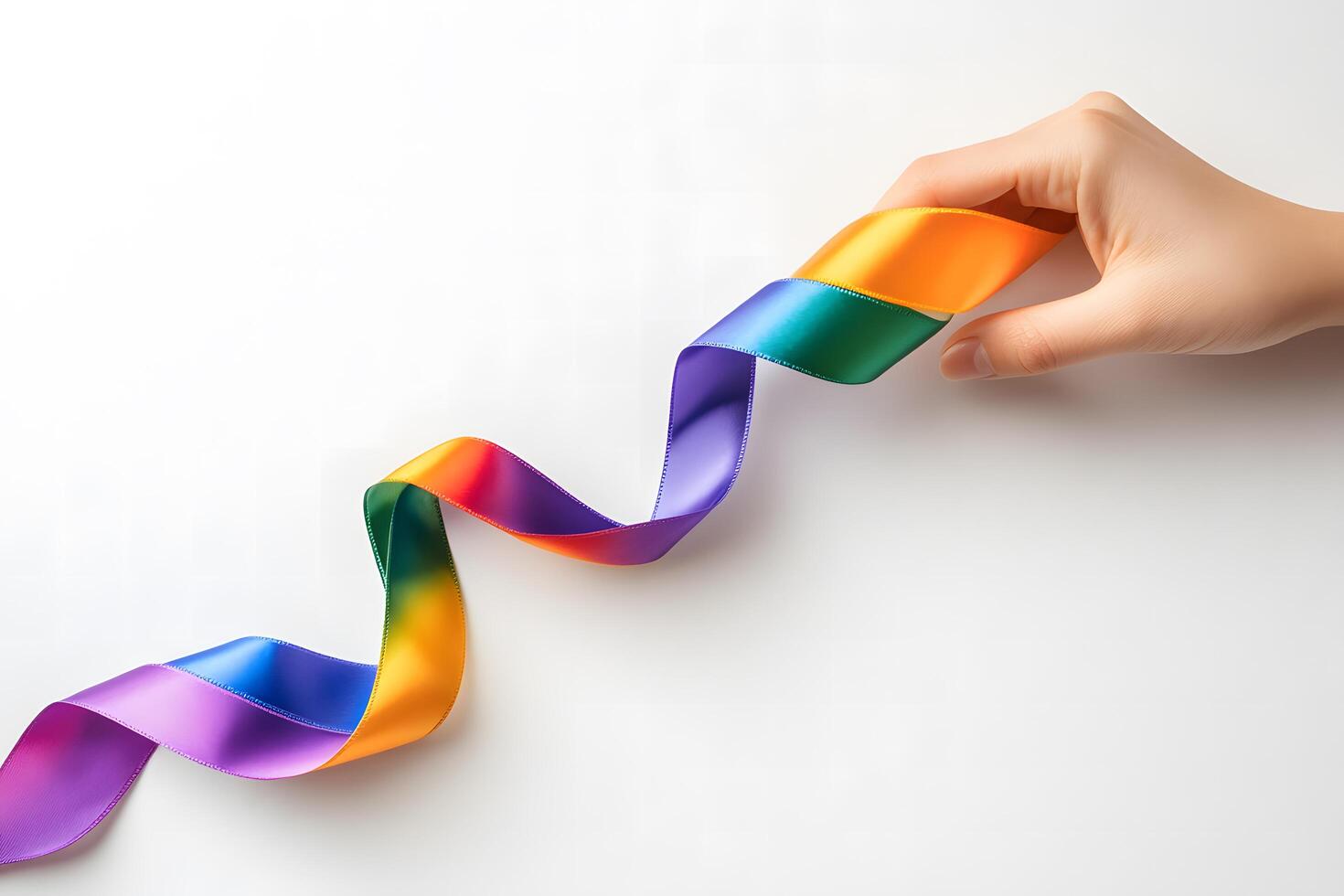 Fair hand holds and displays a vibrant flowing rainbow ribbon against a bright background photo