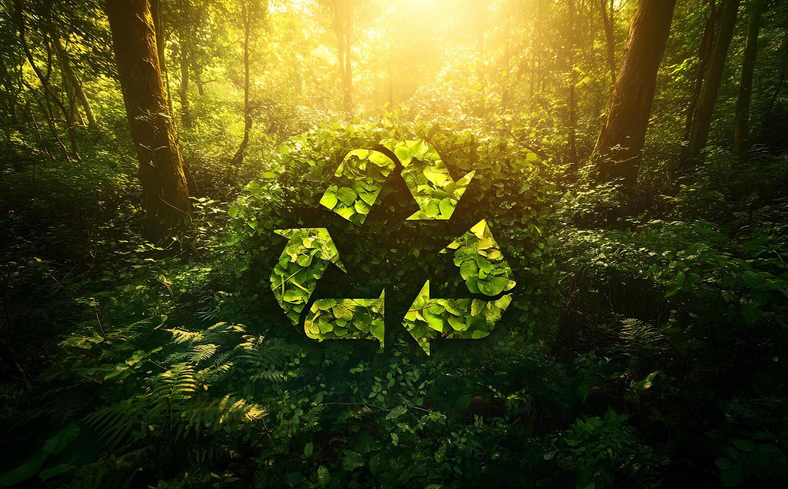 Recycle symbol filled with bright leaves shines in a dense, lush forest landscape photo