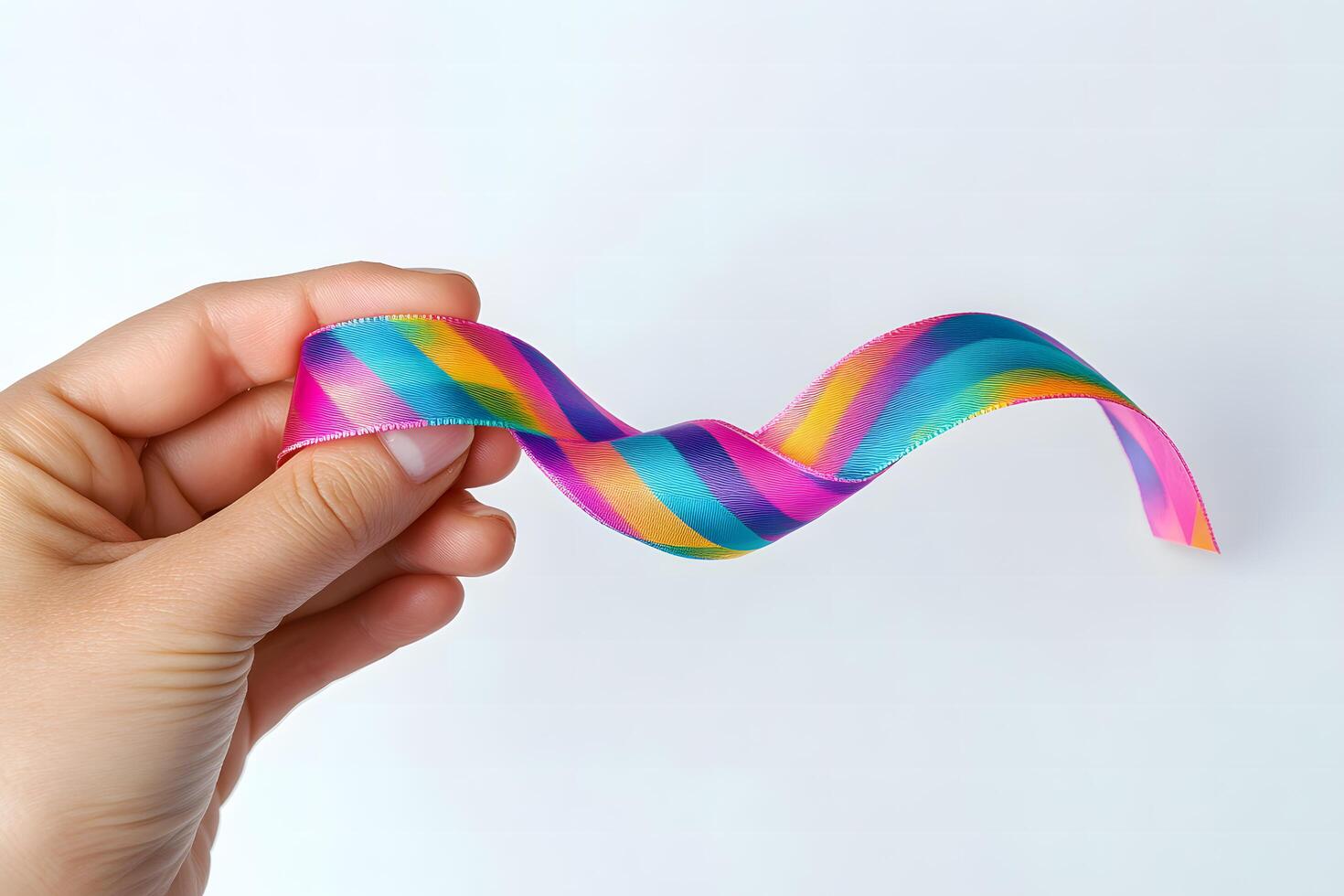 Pale hand carefully holds colorful striped ribbon in a smooth wavy shape against white photo